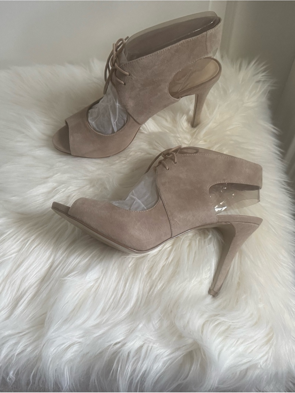 Nine West Taupe Suede Lace-Up Peep Toe Heels